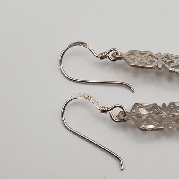 Sterling Silver Flower / Snowflake Diamond Cut Dangle Hook Earrings - Picture 5 of 6